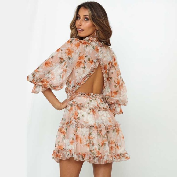 Dresses & Skirts - floral v neck open back boho ruffle dress